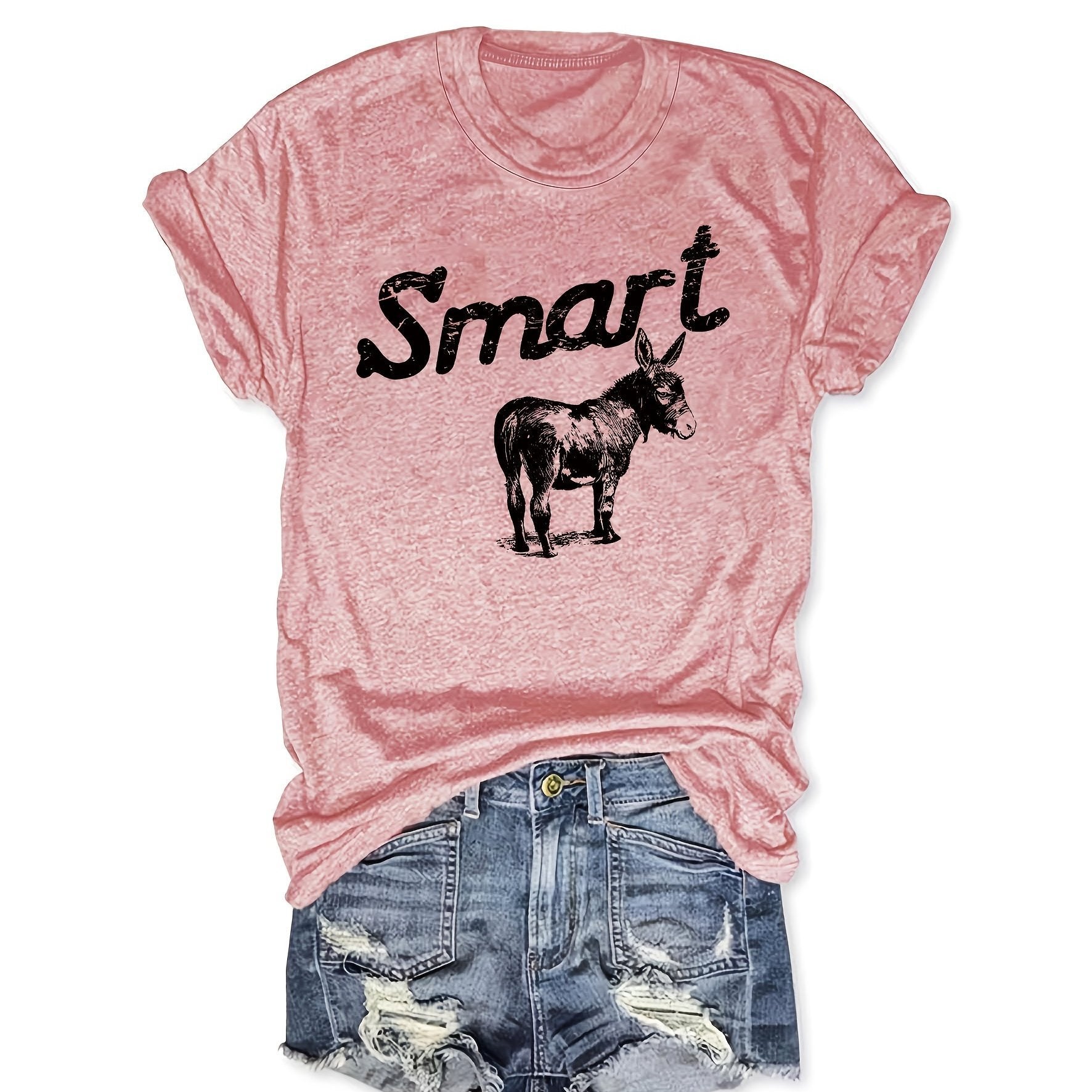 Women's Round Neck Short Sleeve T-Shirt Grey Donkey Graphic Tee