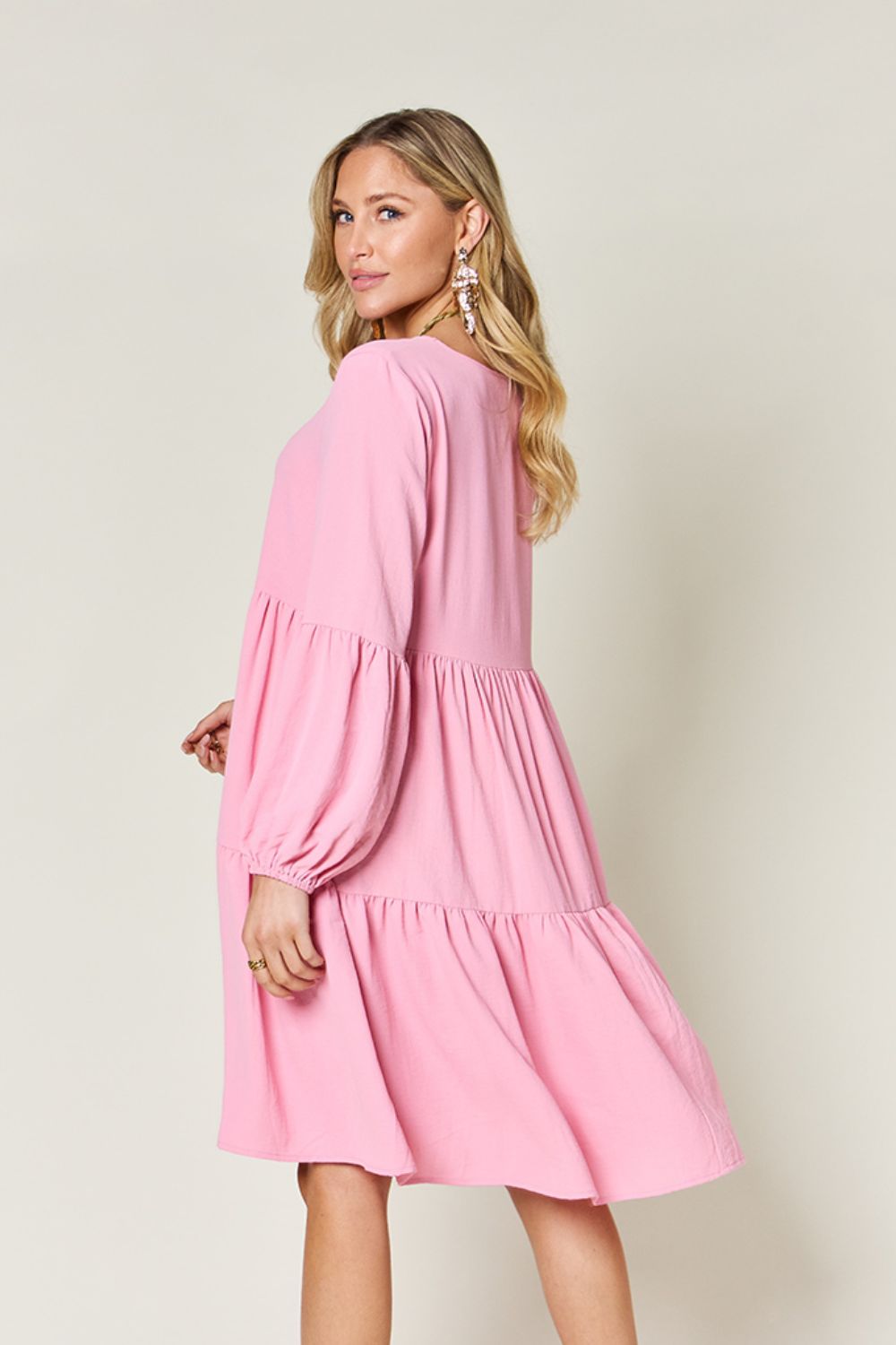 Light Green V-Neck Tiered Midi Dress with Side Pockets