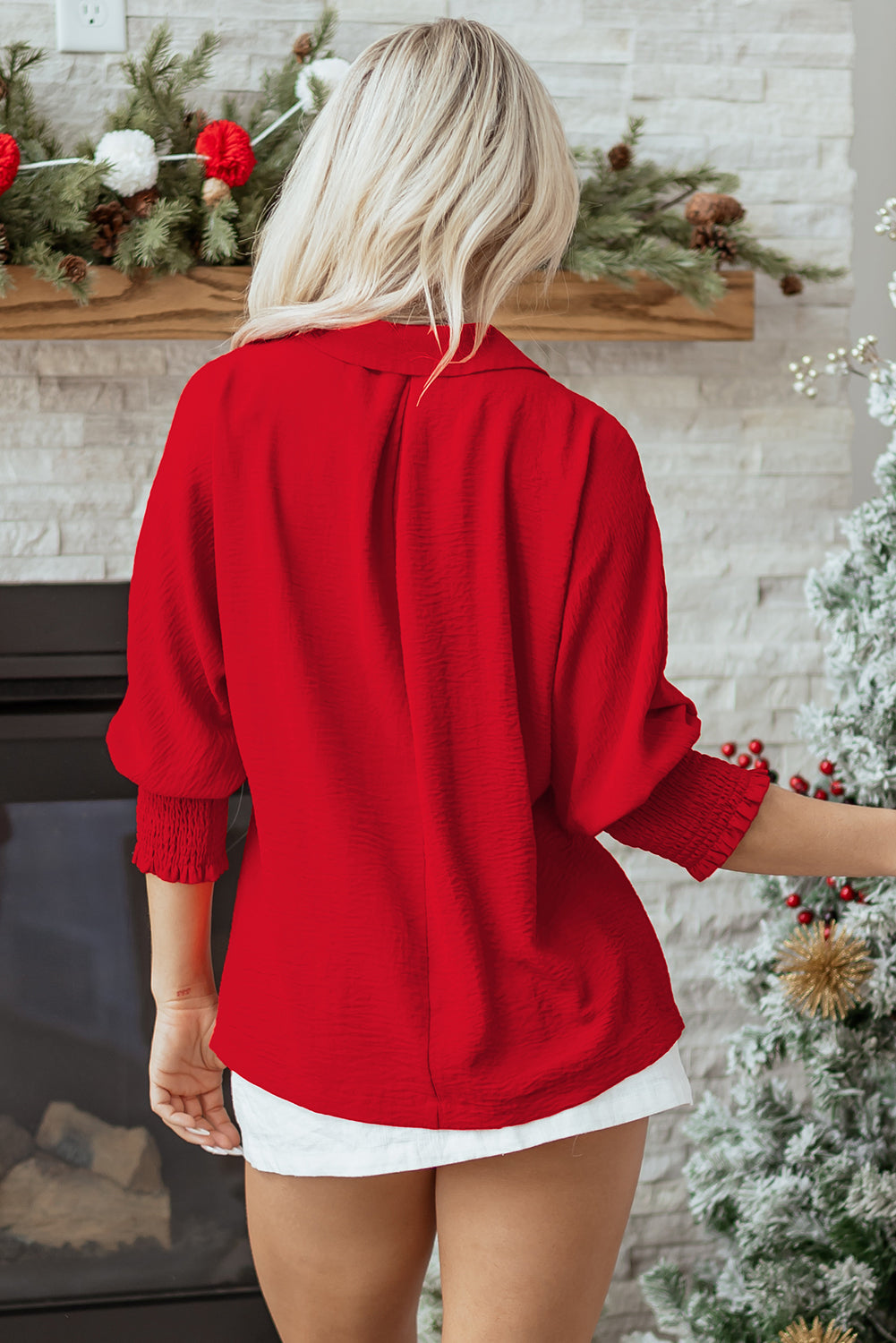 Women's Red Collared V-Neck Smocked 3/4 Sleeve Tunic Blouse - Image 2
