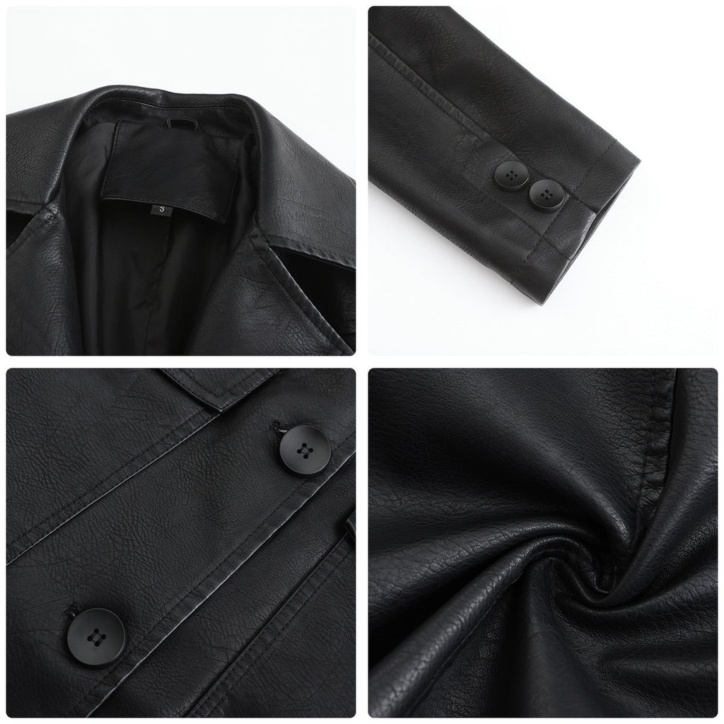 Women's Long Leather Trench Coat Button Front Outerwear