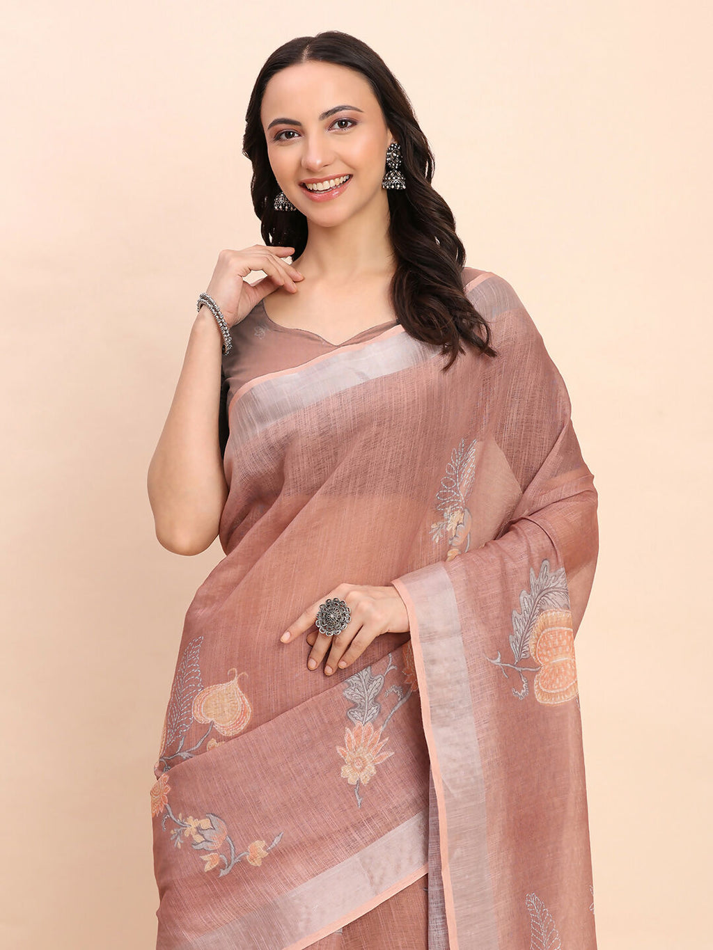 Brown Linen Cotton Saree for Women with Matching Blouse Fabric