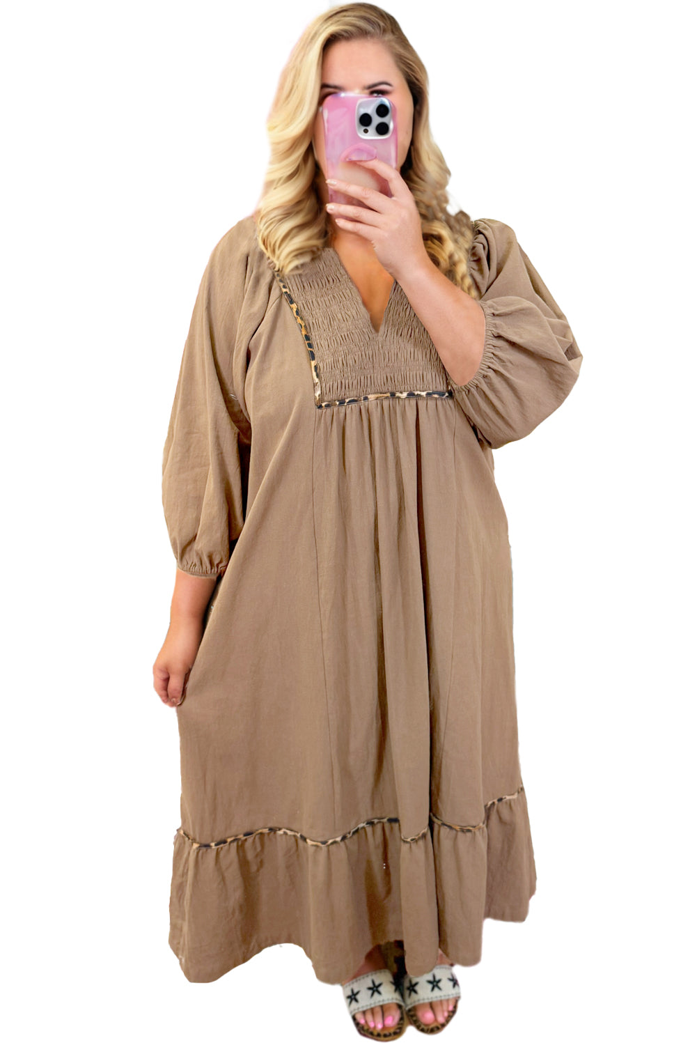 Chestnut Smocked V Neckline Leopard Piping Dress