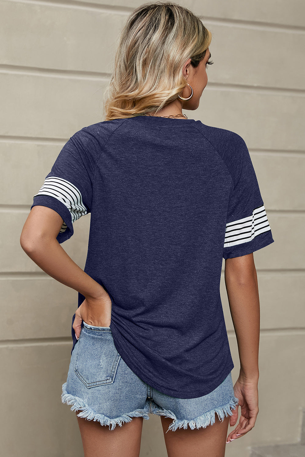Casual Striped Sleeve Round Neck T-Shirt in Navy - Image 2