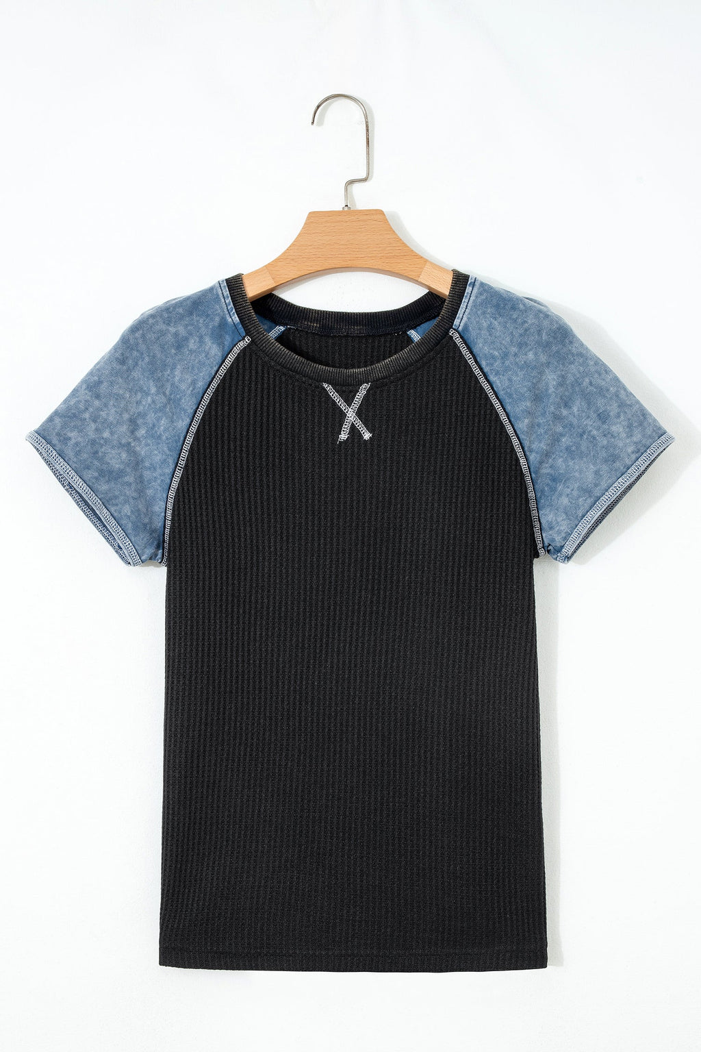 Brynleigh Patchwork Waffle Knit Short Sleeve Top in Black Blue