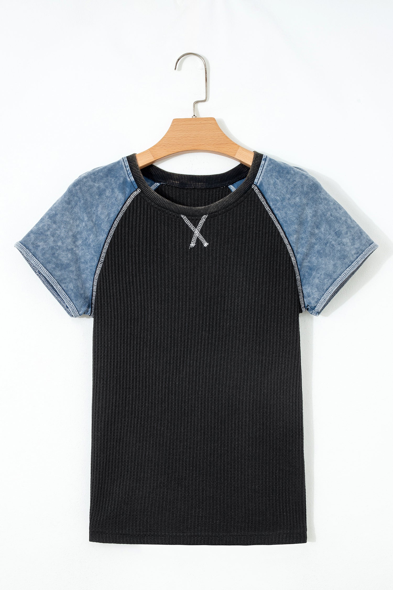 Brynleigh Patchwork Waffle Knit Short Sleeve Top in Black Blue