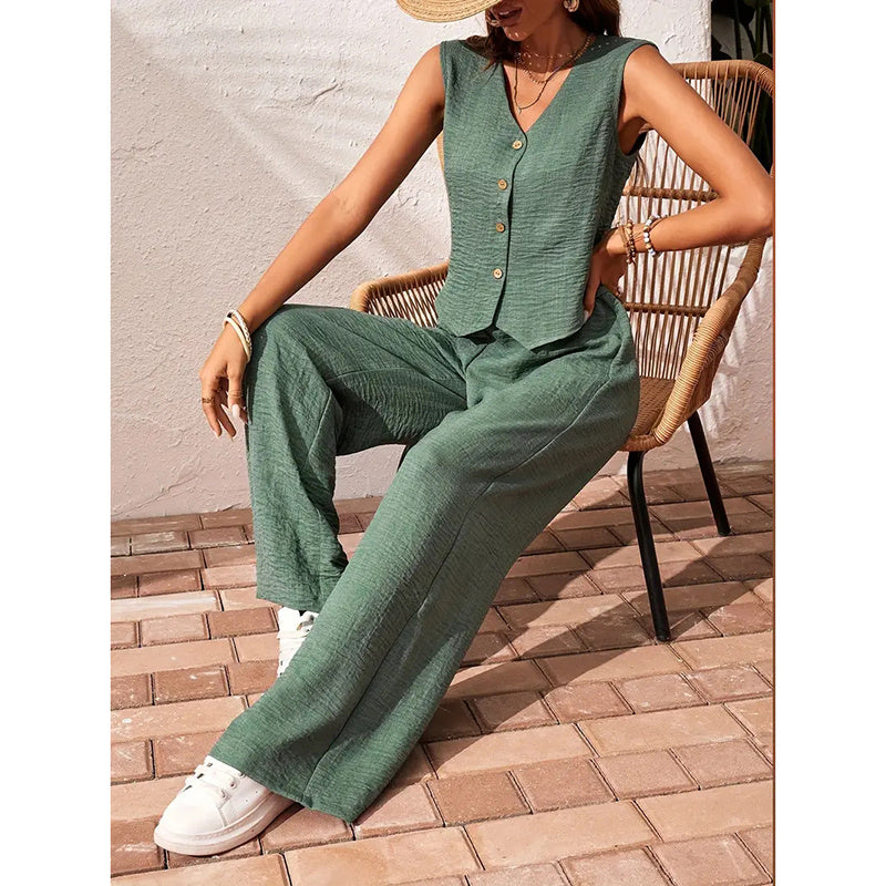 Women’s V-Neck Crop Vest and Wide-Leg Pants Matching Set