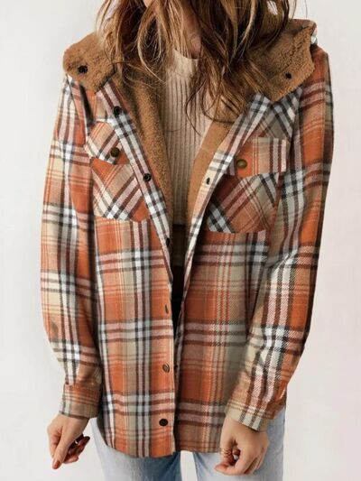 Plush Plaid Snap Down Hooded Jacket Cozy Warm Casual Outerwear