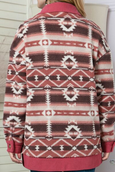 Deep Rose Geometric Print Jacket with Corduroy Trim
