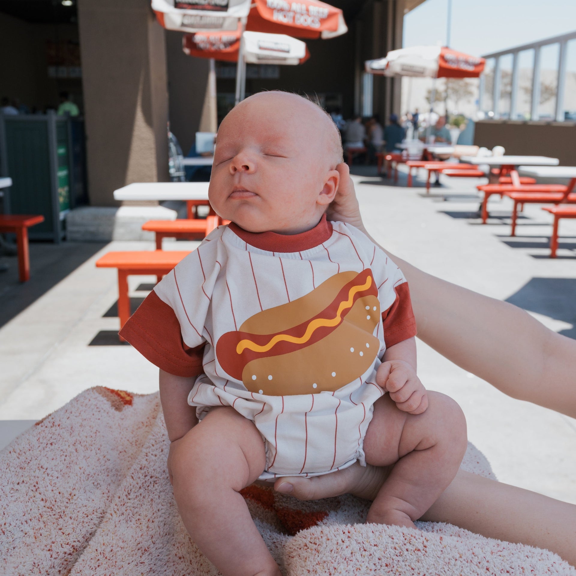 Hot Dog Print Short Sleeve Romper with Red Pinstripes