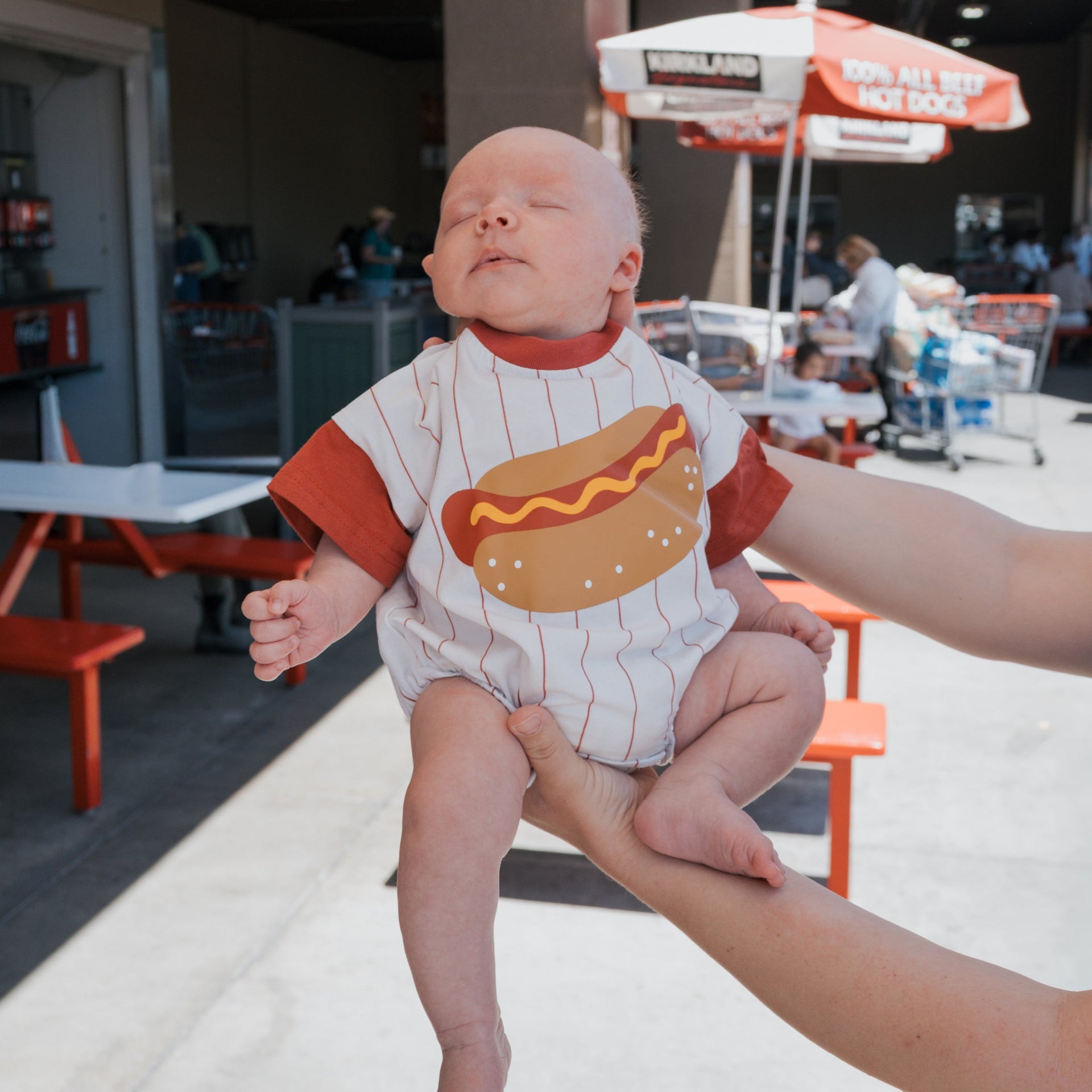 Hot Dog Print Short Sleeve Romper with Red Pinstripes