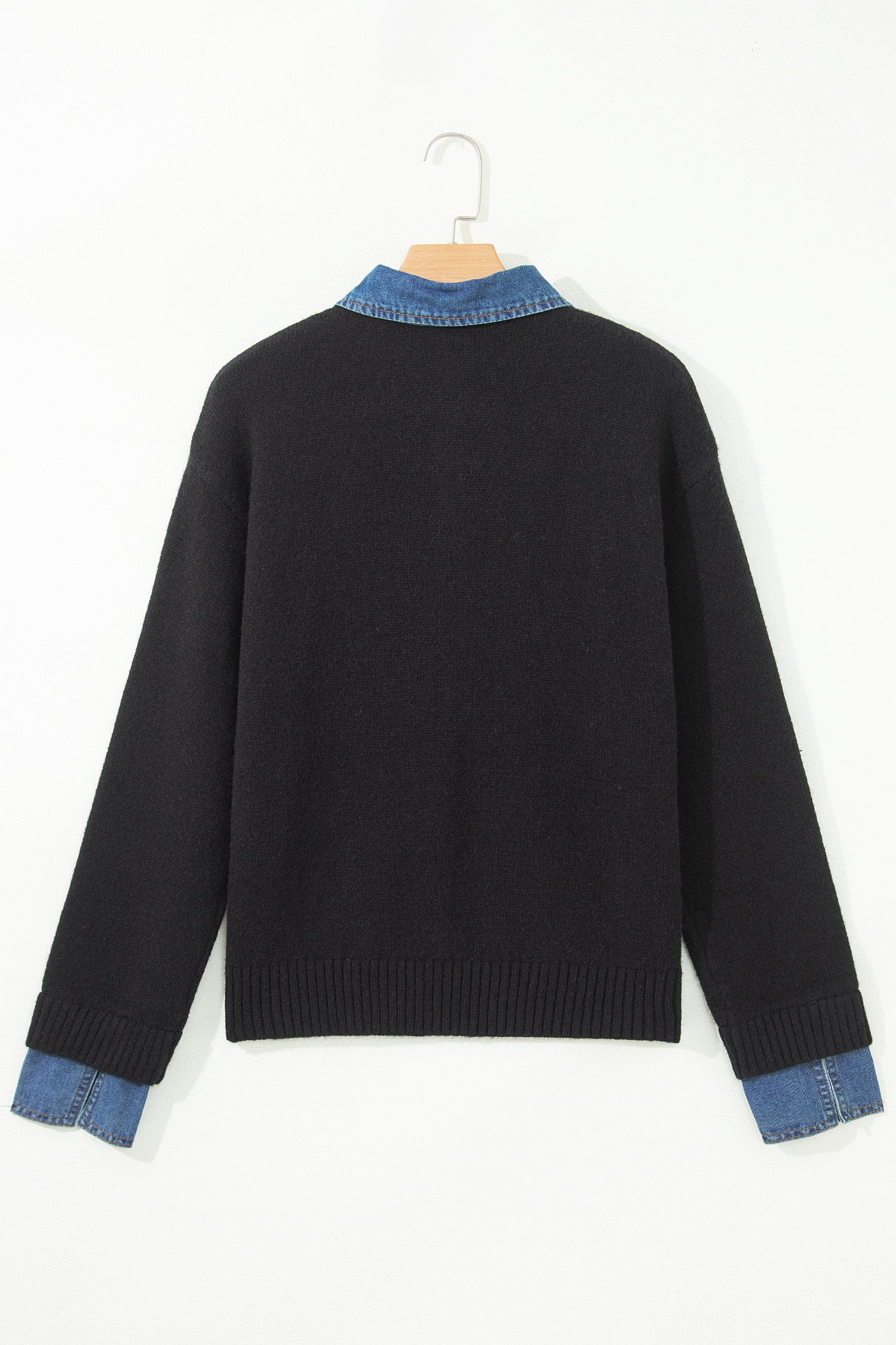 Denim Patchwork Collar Cuffed Long Sleeve Sweater