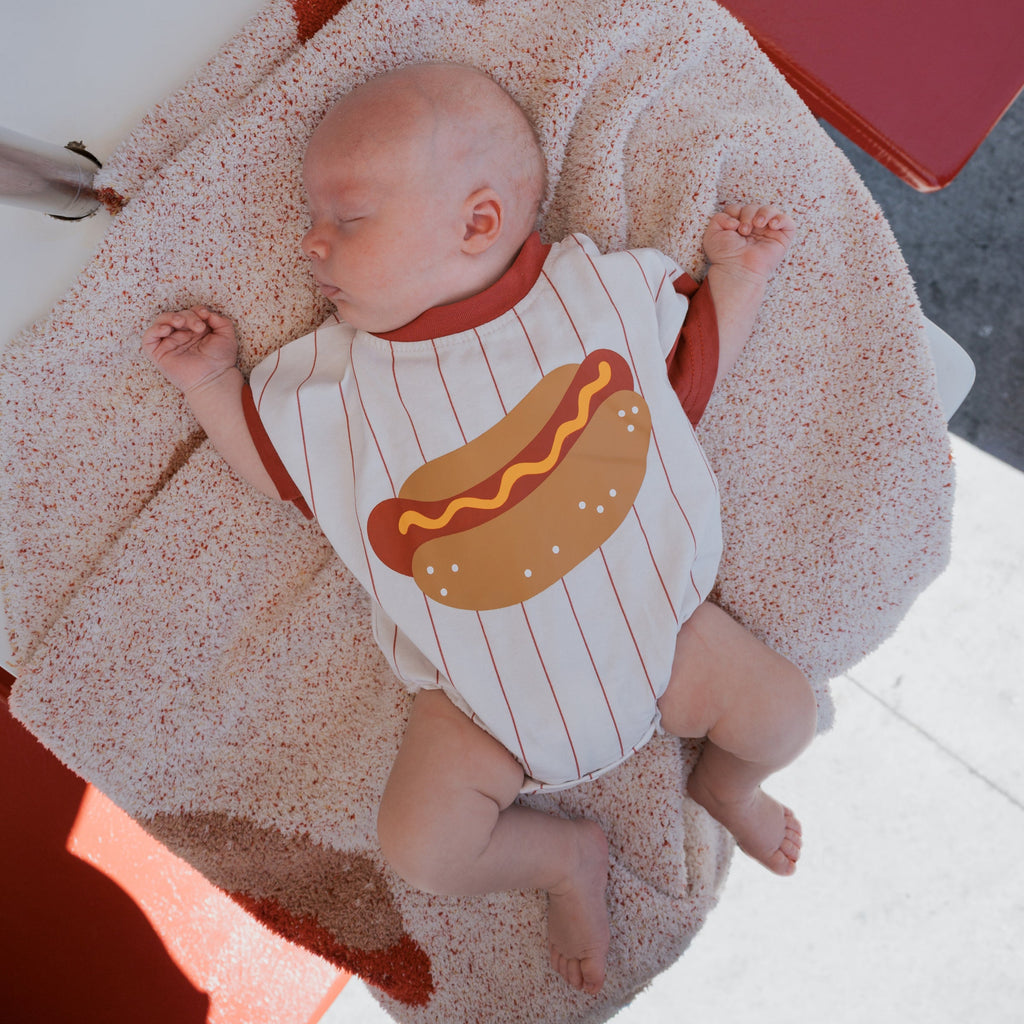 Hot Dog Print Short Sleeve Romper with Red Pinstripes