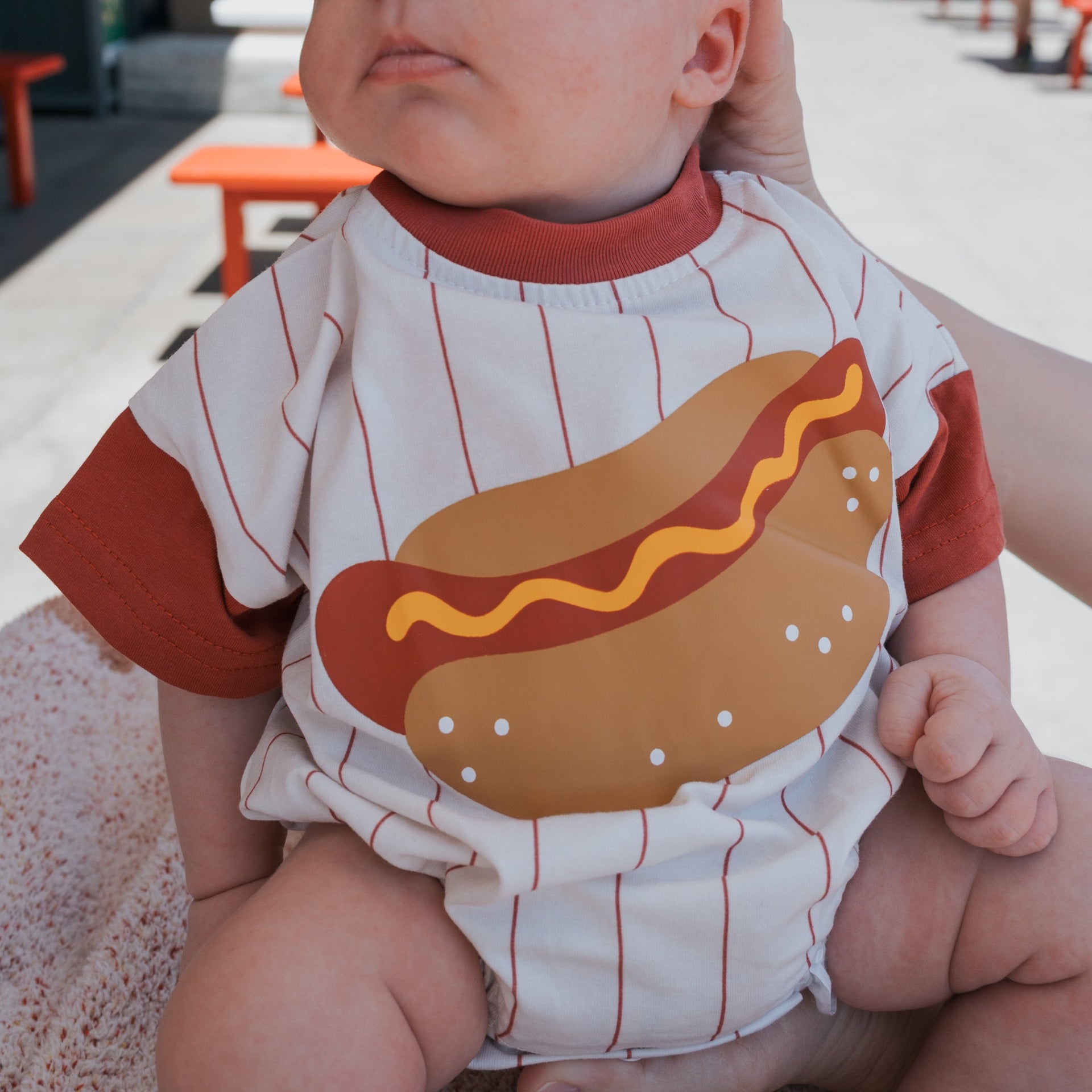 Hot Dog Print Short Sleeve Romper with Red Pinstripes