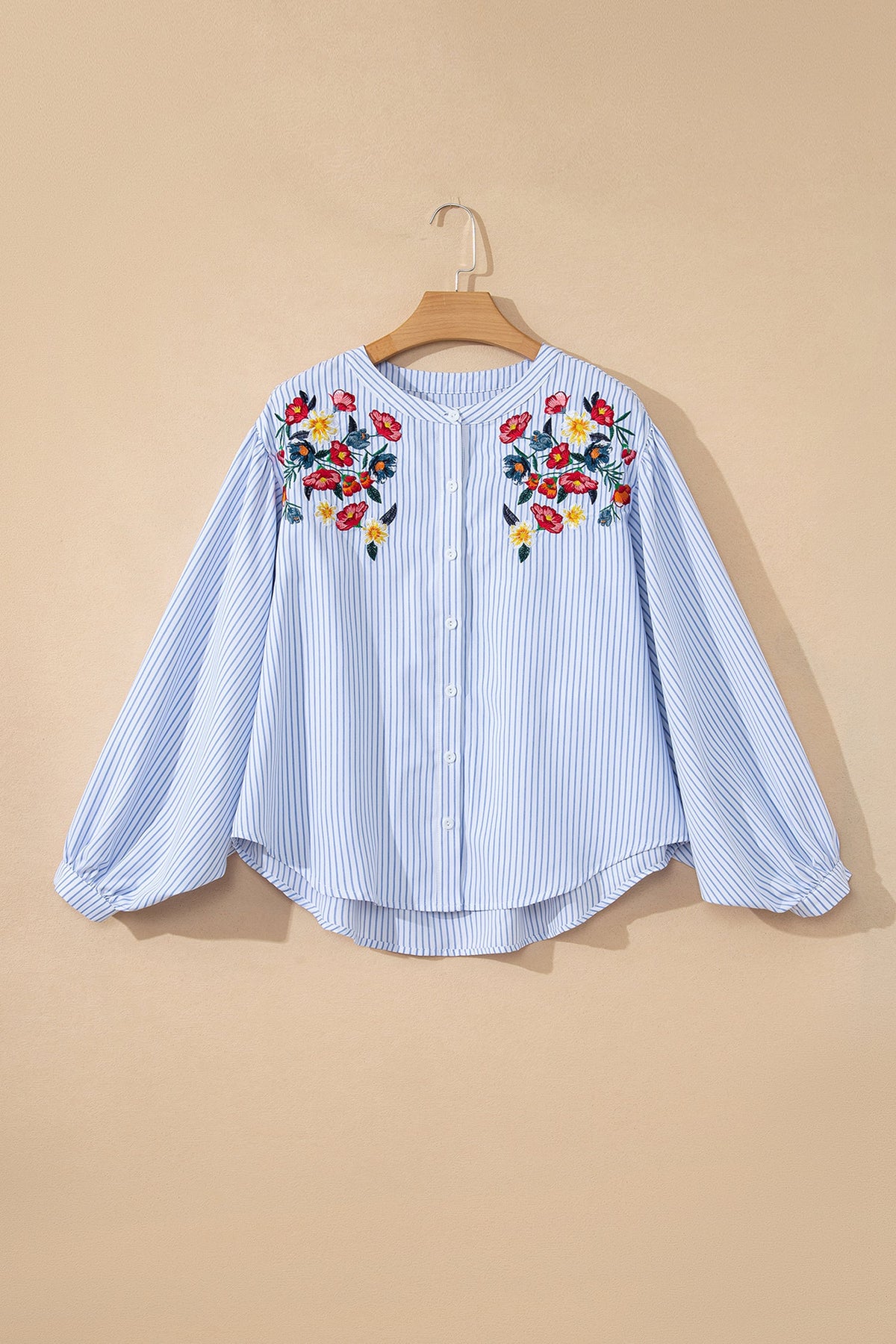 Floral Embroidered Stripe Billowy Sleeve Tunic Shirt