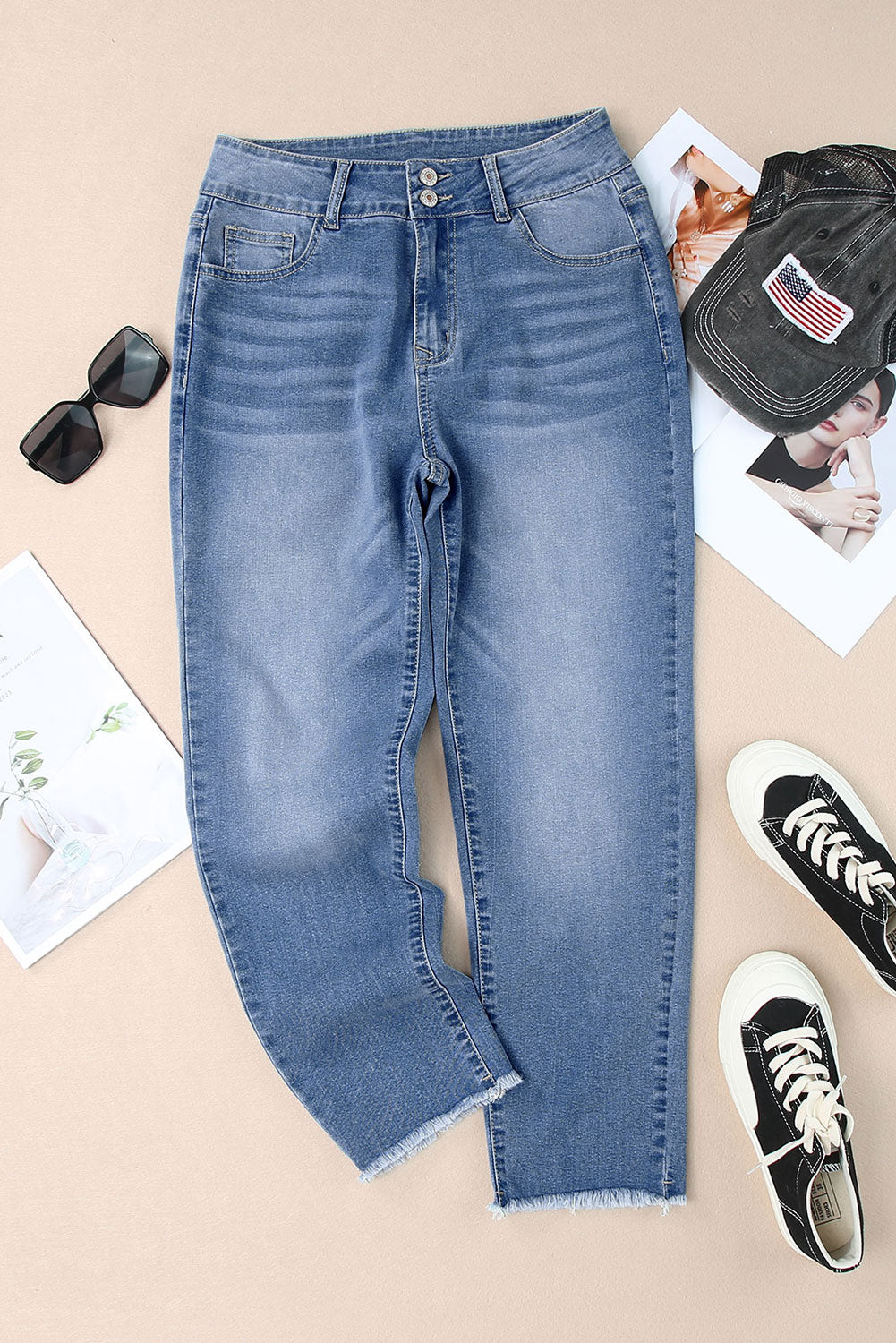 Buttoned High Waist Raw Hem Skinny Jeans in Blue