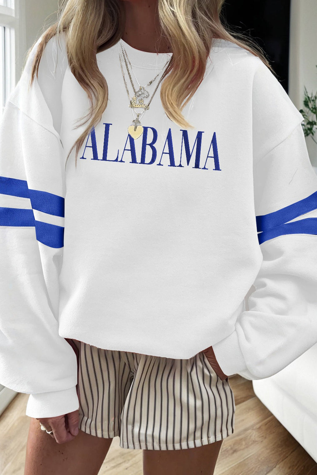 White Alabama Varsity Striped Pullover Sweatshirt