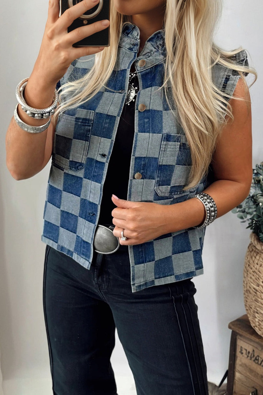 Beau Blue Checkered Ruffle Trim Button Down Denim Vest