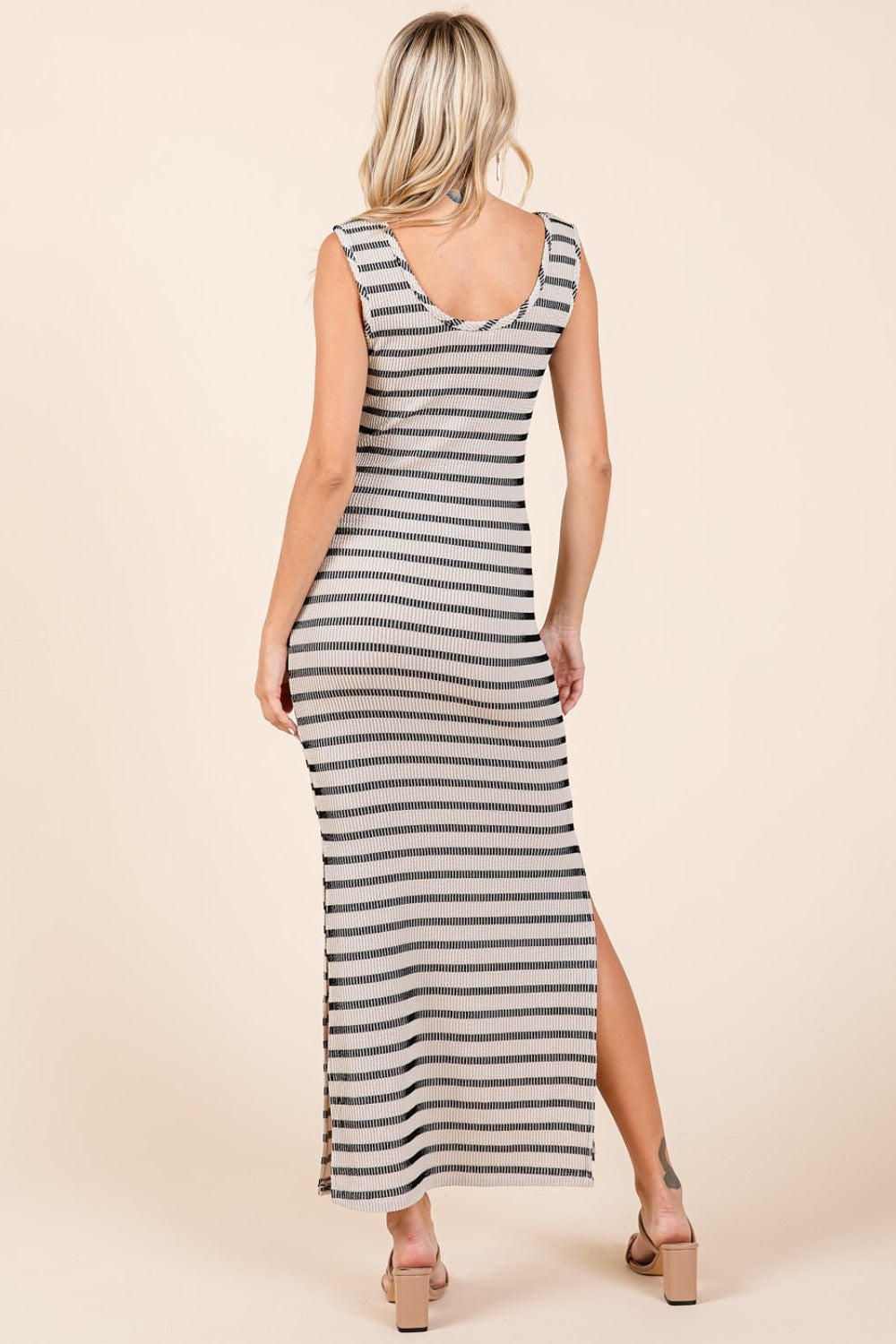 Beige and Black Striped Knit Sleeveless Maxi Dress