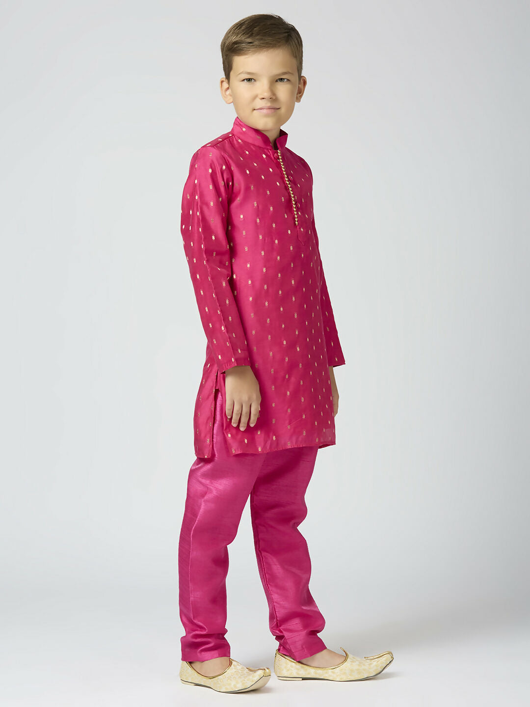 Kids Rani Pink Chanderi Kurta and Pyjama Set with Butta Work
