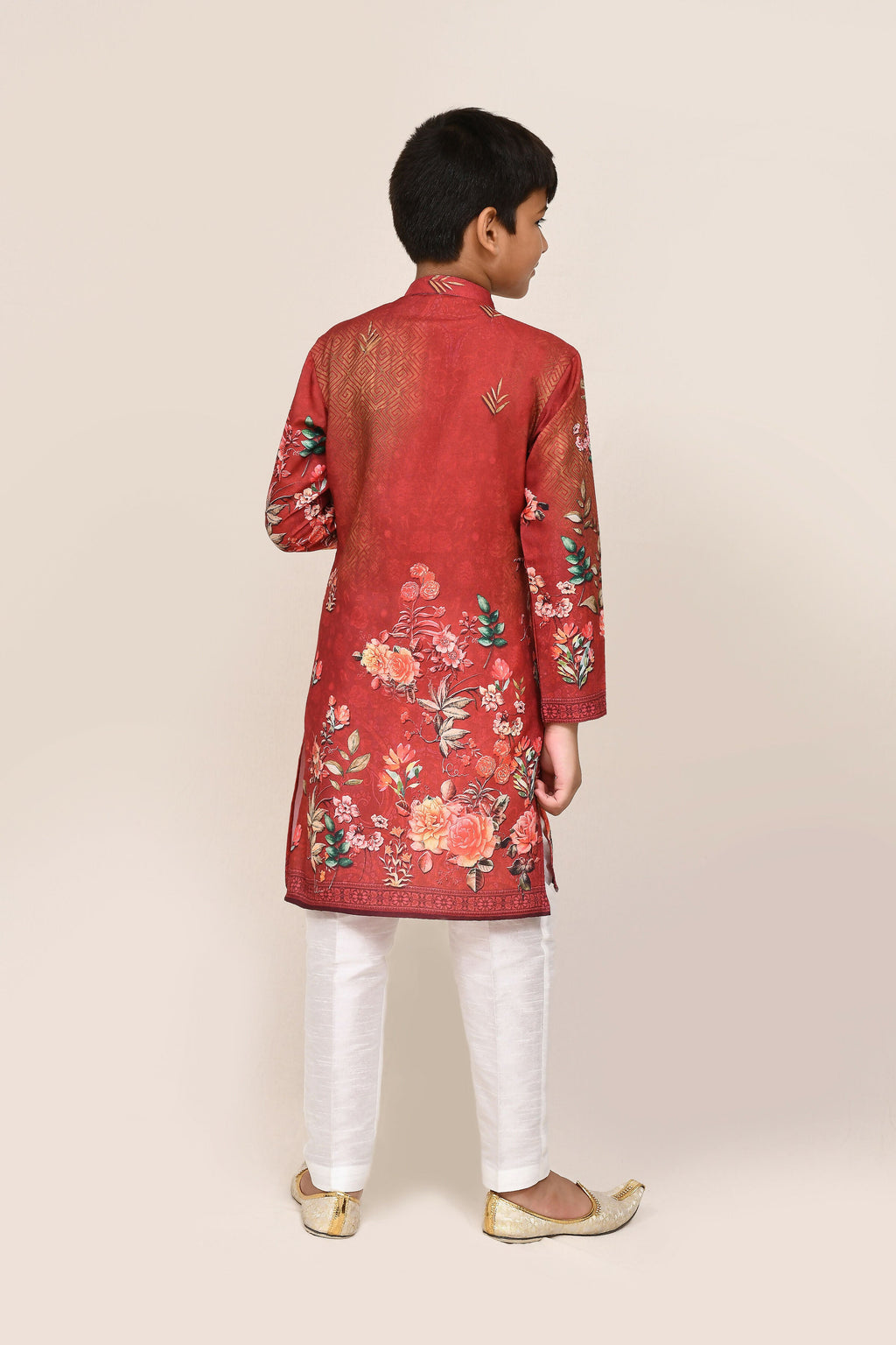 Red Cotton Kurta with White Straight Fit Pant Set