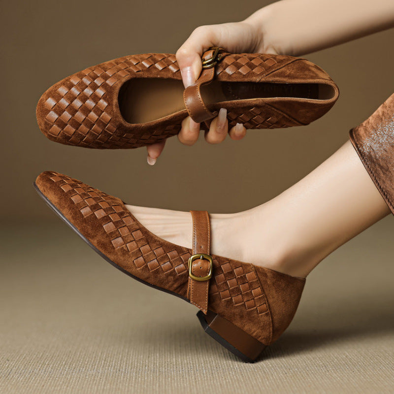 Woven Brown Sheepskin Mary Jane Flats with Single Buckle Strap