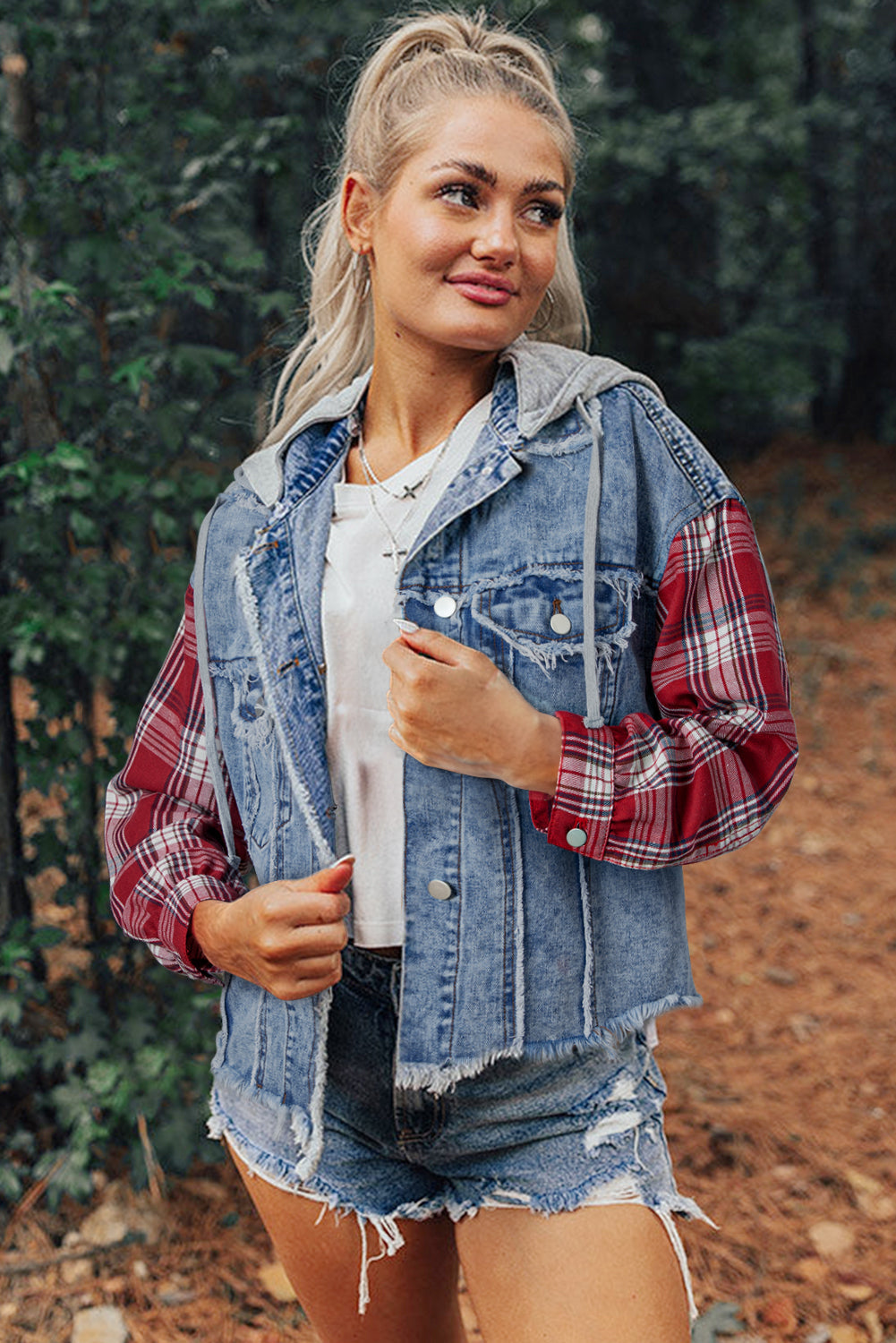 Plaid Patchwork Hooded Denim Jacket with Distressed Hem