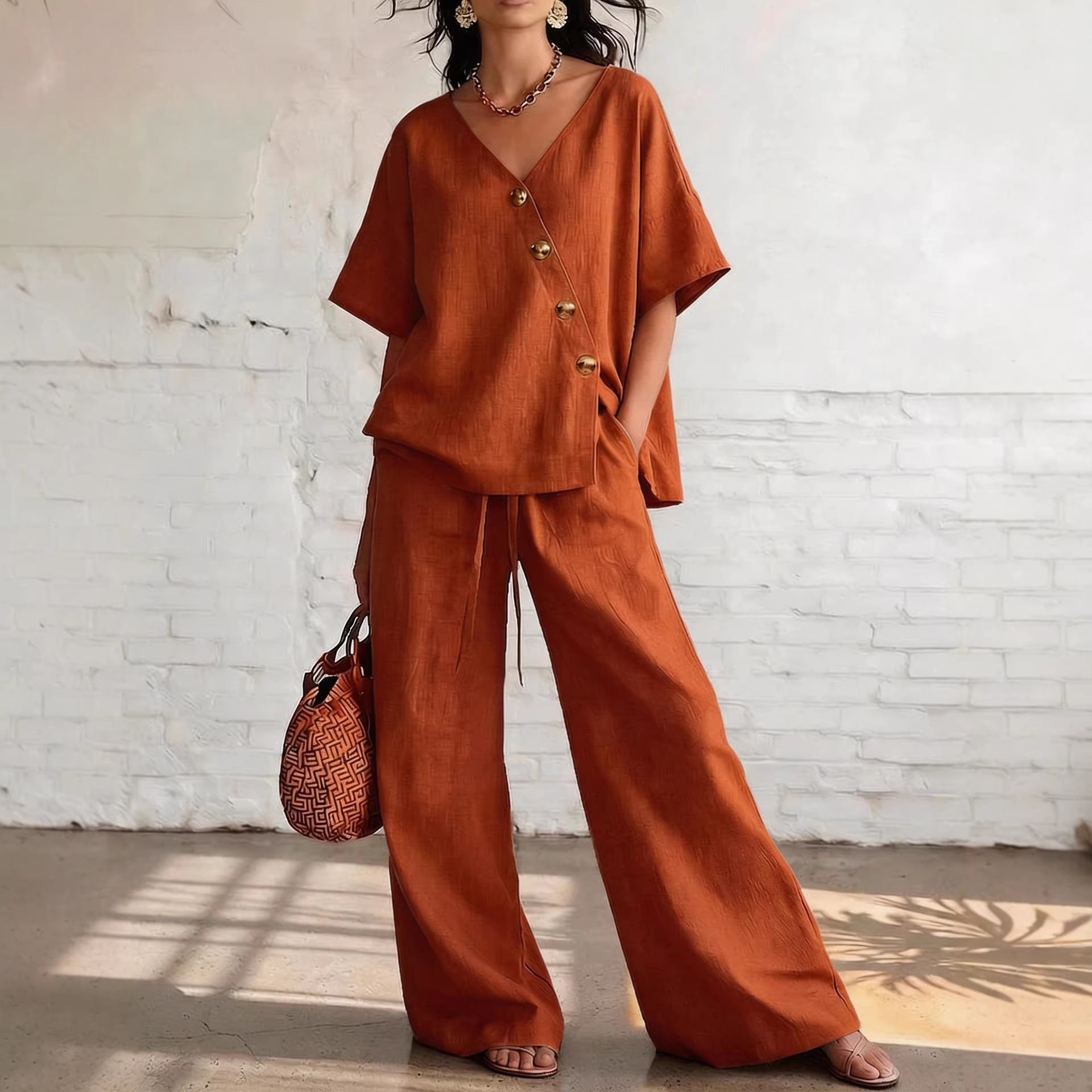 Women's V-Neck Cotton-Linen Top and Wide-Leg Pants Set - Image 3