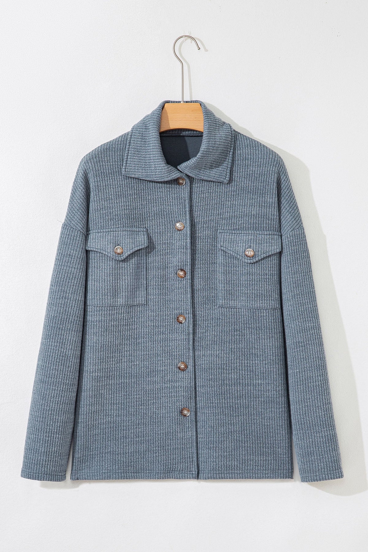 Ribbed Knit Flap Pocket Button-Up Shacket