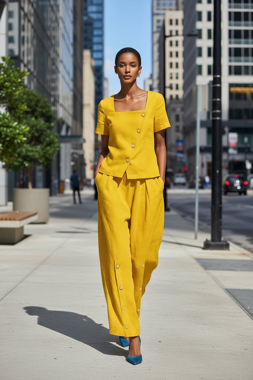 Women's Short Sleeve Square Neck Top and Buttoned Pant Set - Image 4