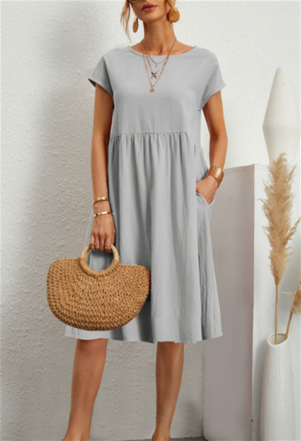 Cotton Blend Round Neck A-Line Skirt Dress