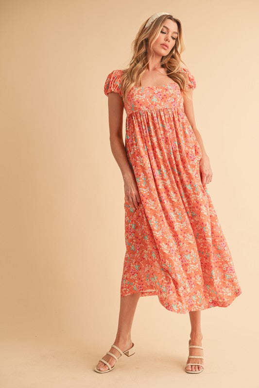 Floral Square Neck Puff Sleeve Midi Dress with Cutout Back
