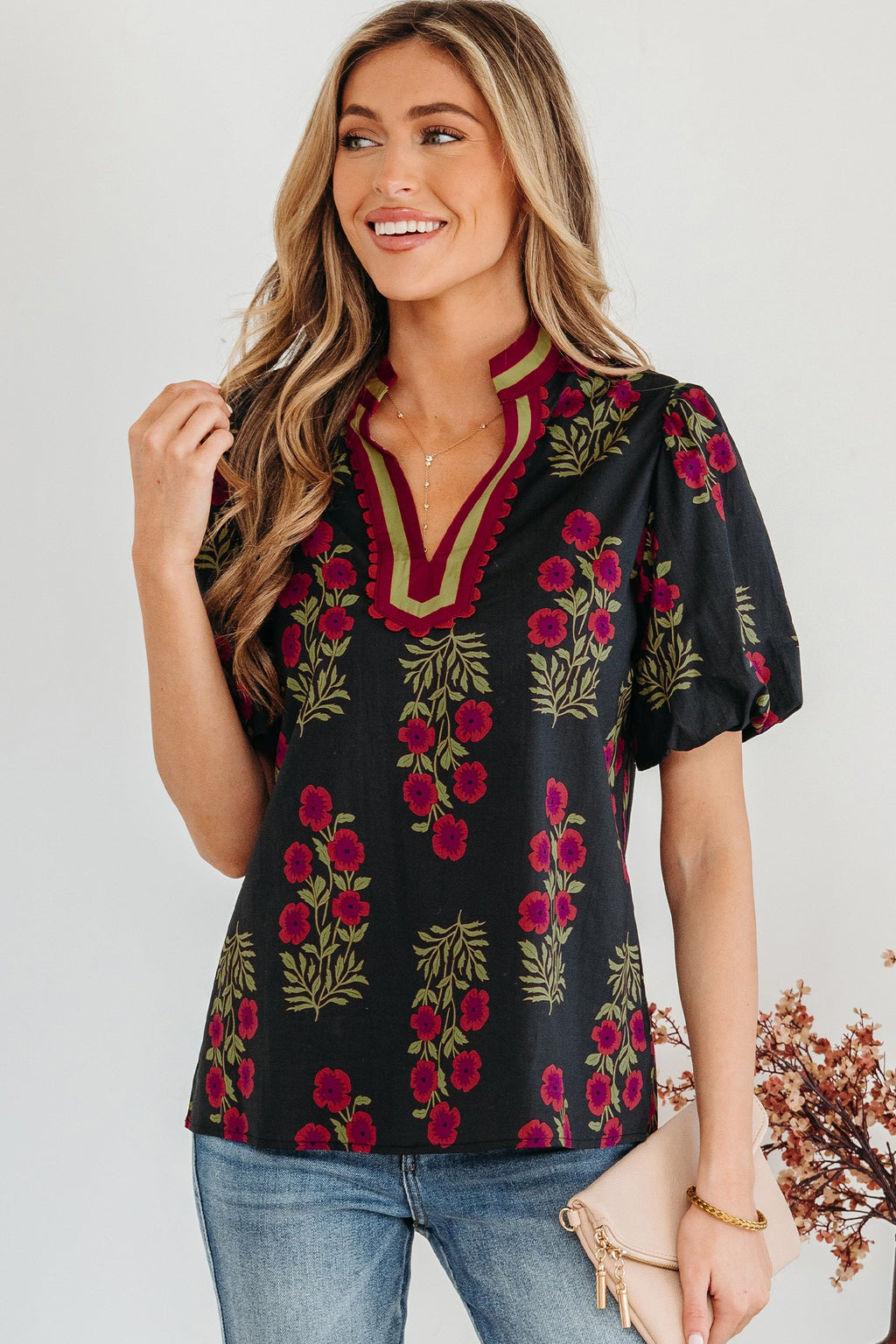 Zoe Floral Contrast Slit Neckline Blouse with Puff Sleeves