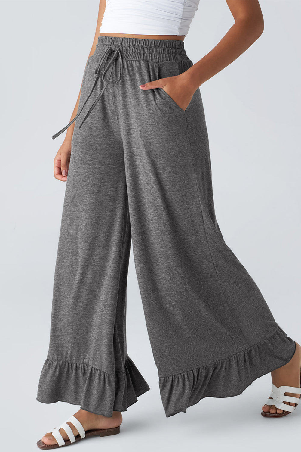 Women’s Wide Leg Knit Pants with Ruffle Hem - Relaxed Bohemian Style