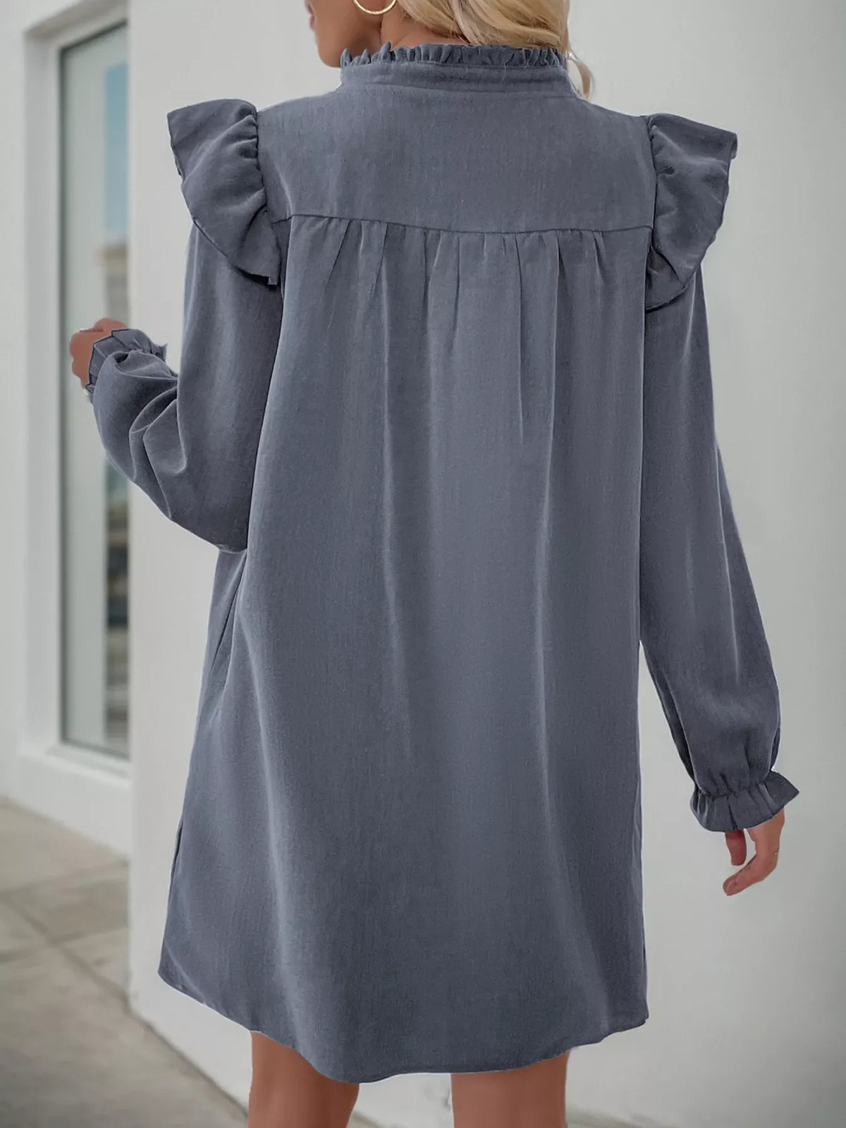 Ruffled Notched Flounce Sleeve Dress