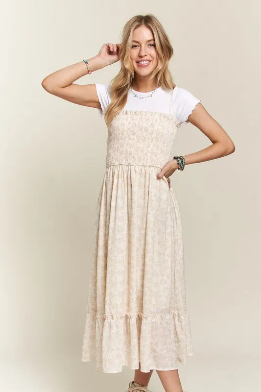 Smocked Floral Cami Dress with Ruffled Hem - Beige & White