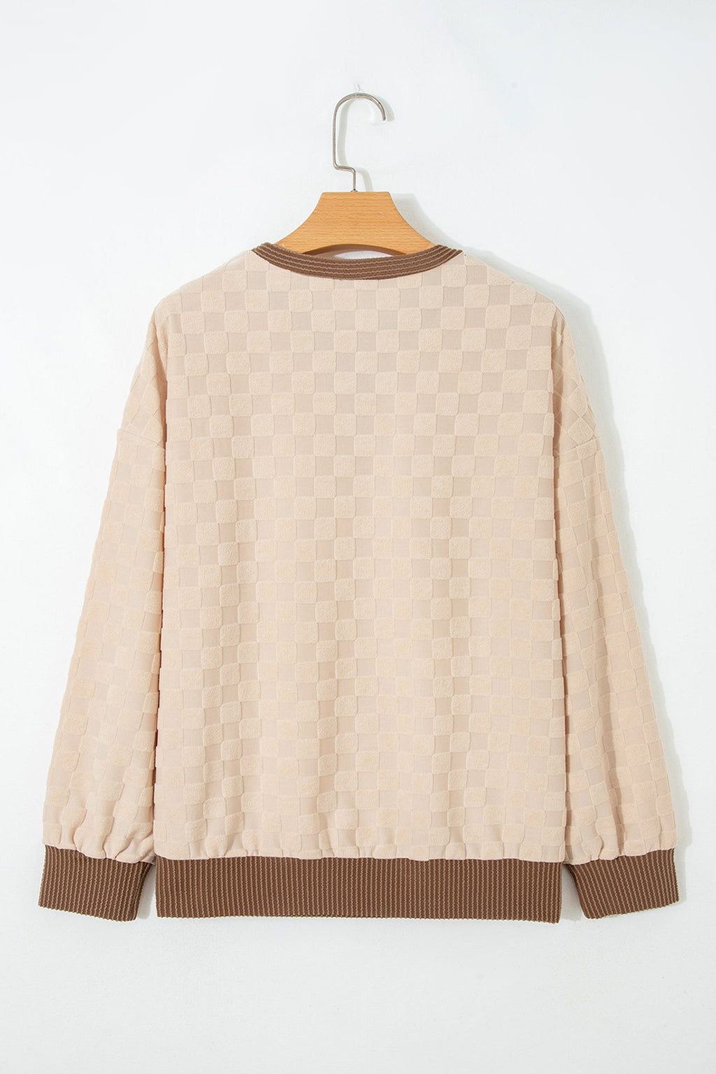 Checker Corded Knit Contrast Trim Long Sleeve Top