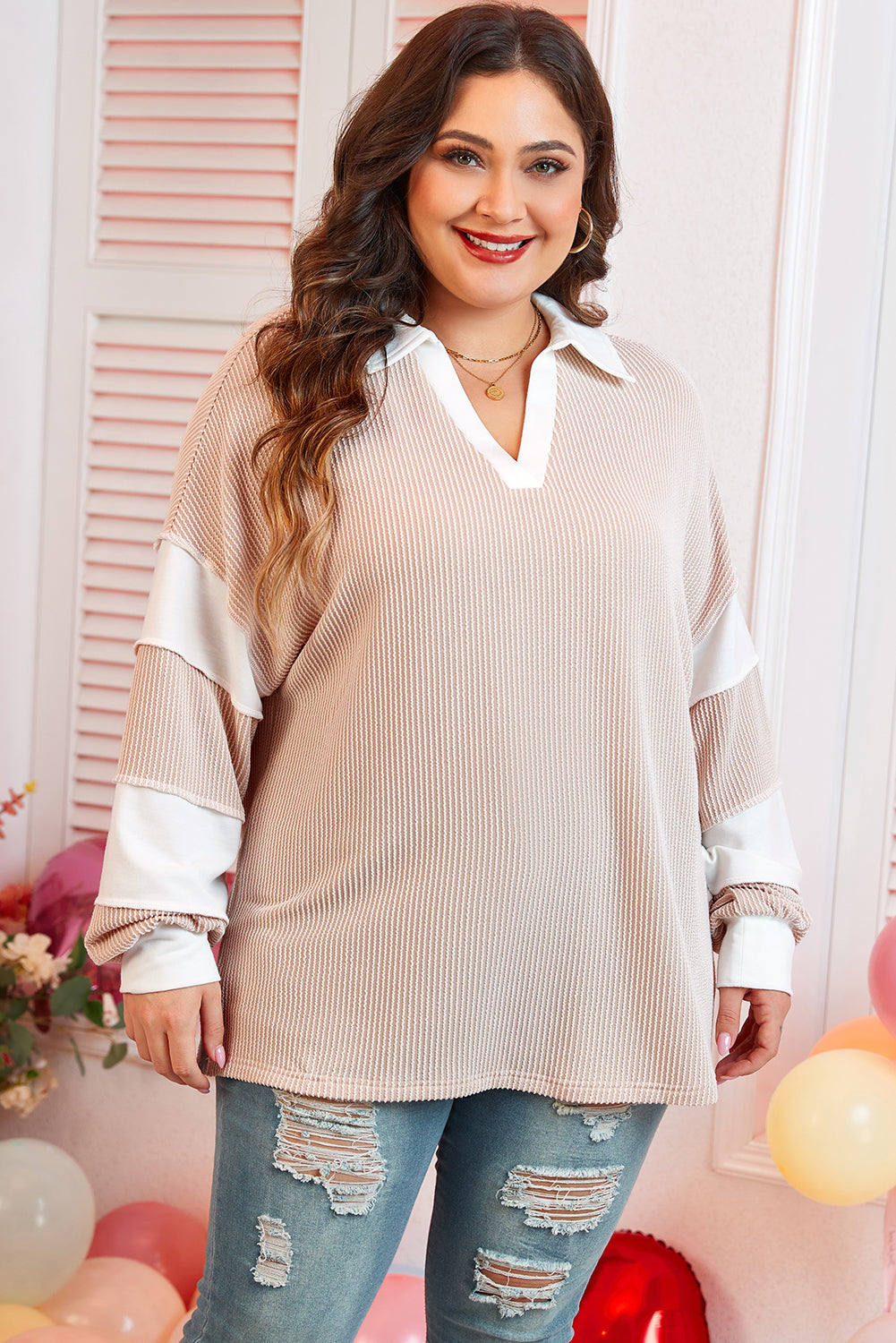 Plus Size Colorblock V-Neck Patchwork Long Sleeve Top