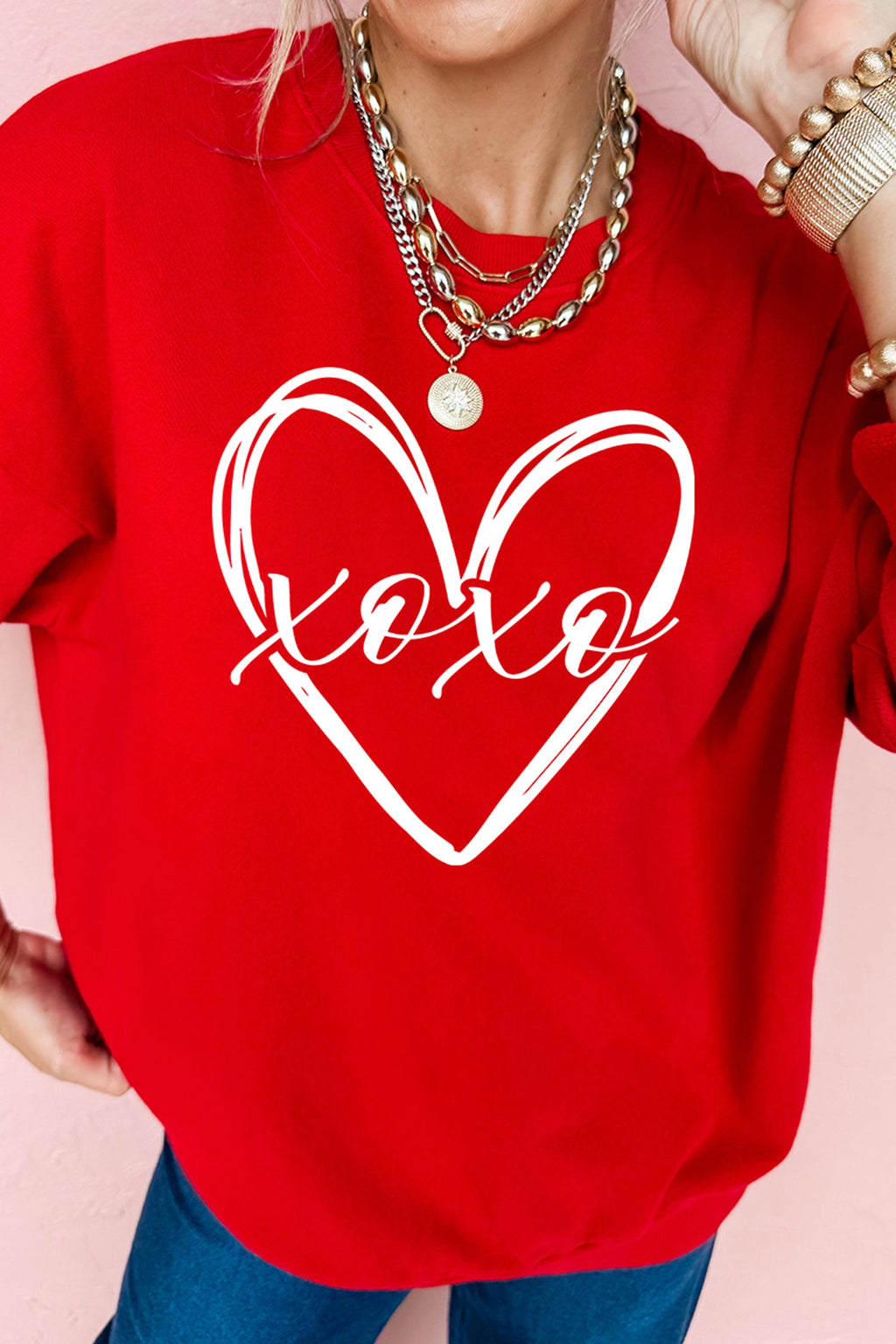 Red XOXO Valentines Heart Sketch Graphic Pullover Sweatshirt