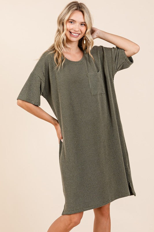 Casual short sleeve tee dress made from soft, comfortable rib knit fabric.