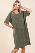 Casual short sleeve tee dress made from soft, comfortable rib knit fabric.