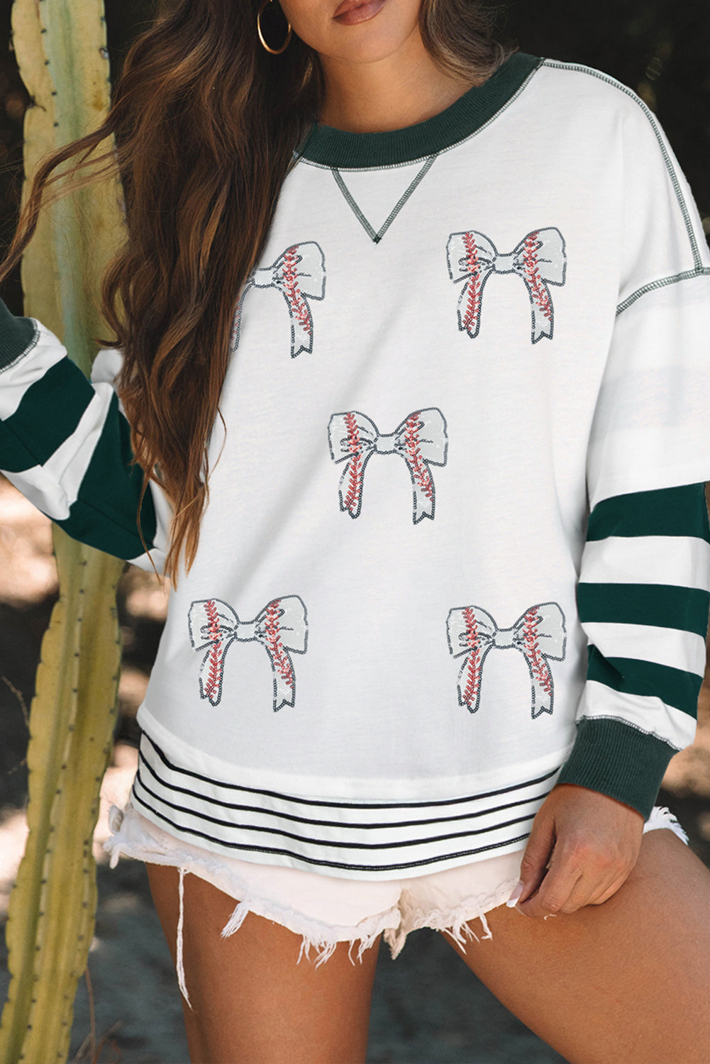 White Stripe Bowknot Sweatshirt | Contrast Stitch Pullover