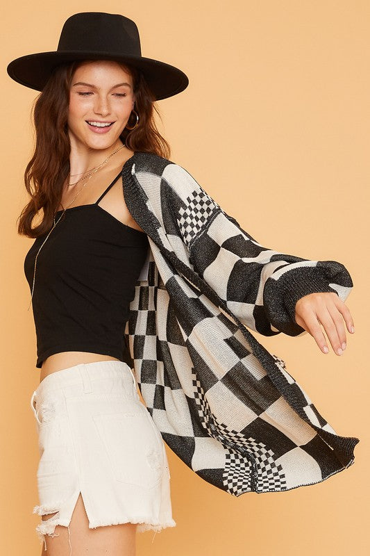 Back To School Sweater - Annie Wear Checkered Open Front Drop Shoulder Cardigan