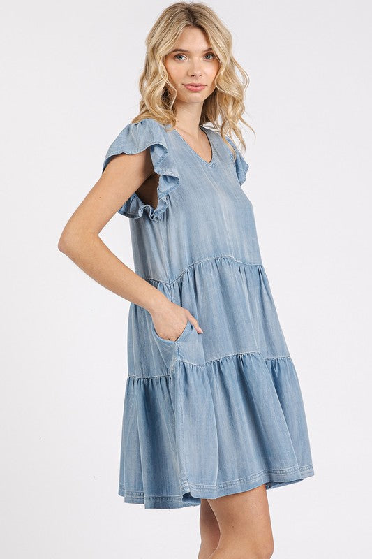 V-Neck Ruffled Cap Sleeve Mini Dress for Women