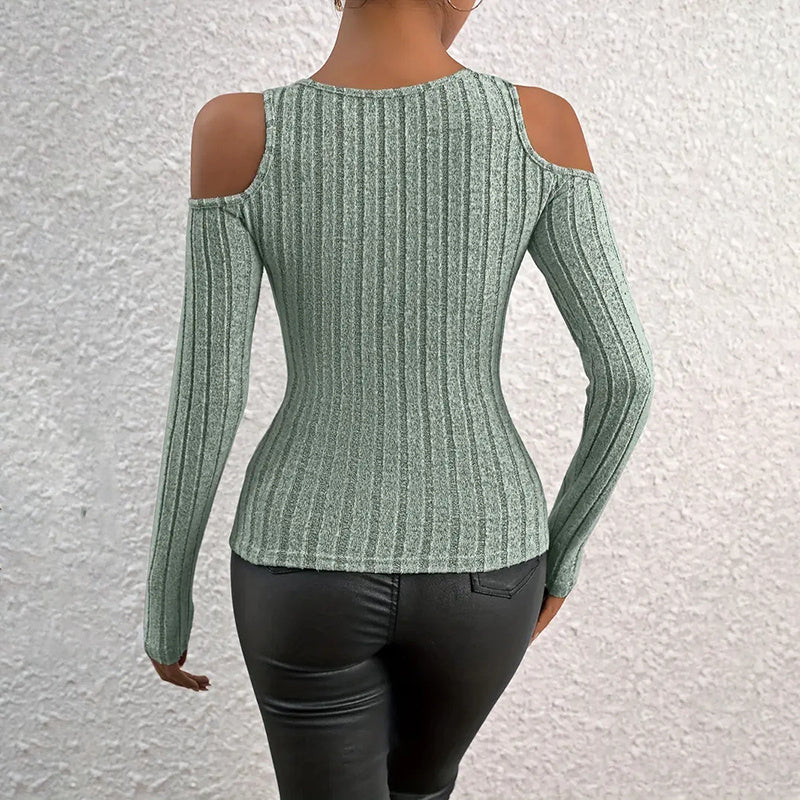 Women's Ribbed Long Sleeve Cold Shoulder Cut-Out Fitted Top - Image 5