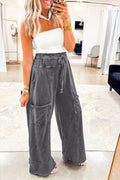 Medium Grey Mineral Wash High Waist Lace-up Raw Hem Pants
