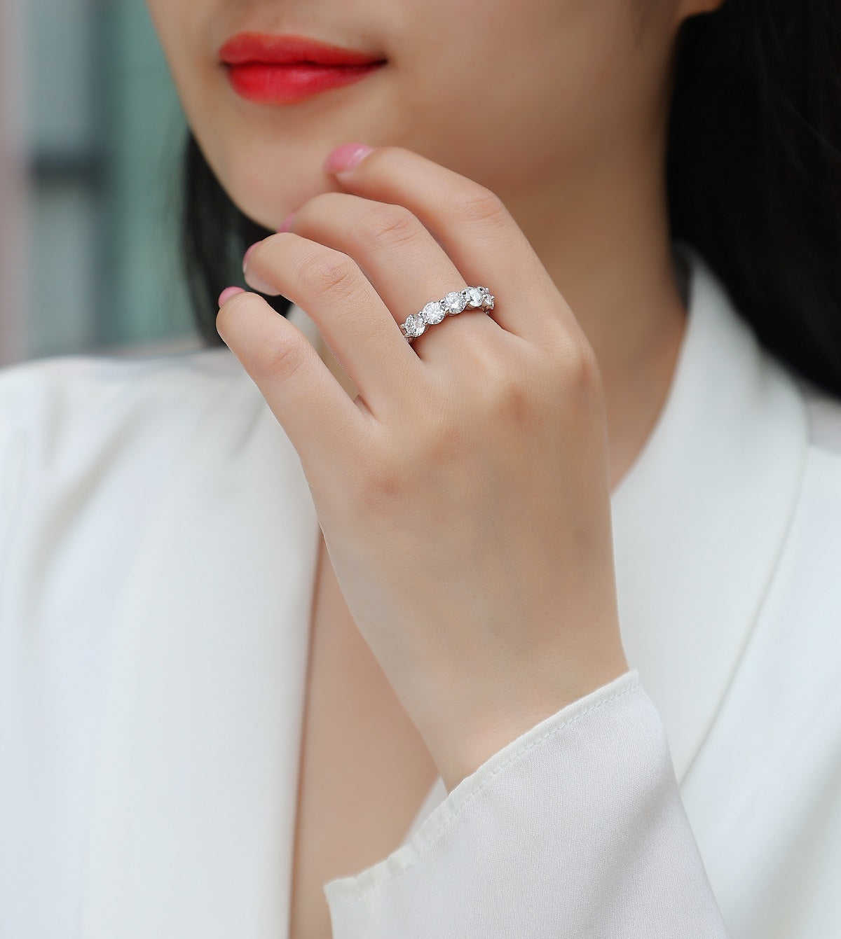 S925 Silver 3.5g Platinum Plated Moissanite Eternity Ring, 5.0mm 13pcs D VVS1 Band, GRA Certified US 5-9