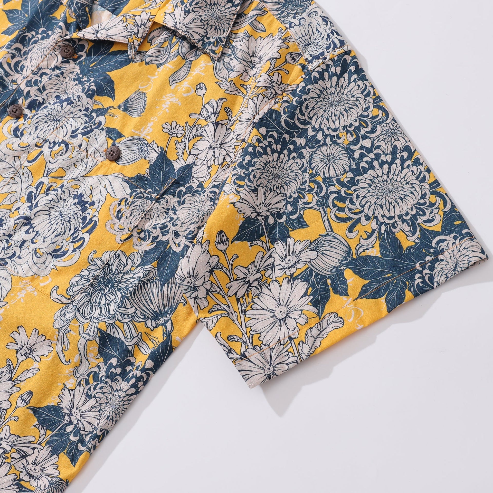 Yellow Japanese Chrysanthemum Floral Cotton Hawaiian Shirt