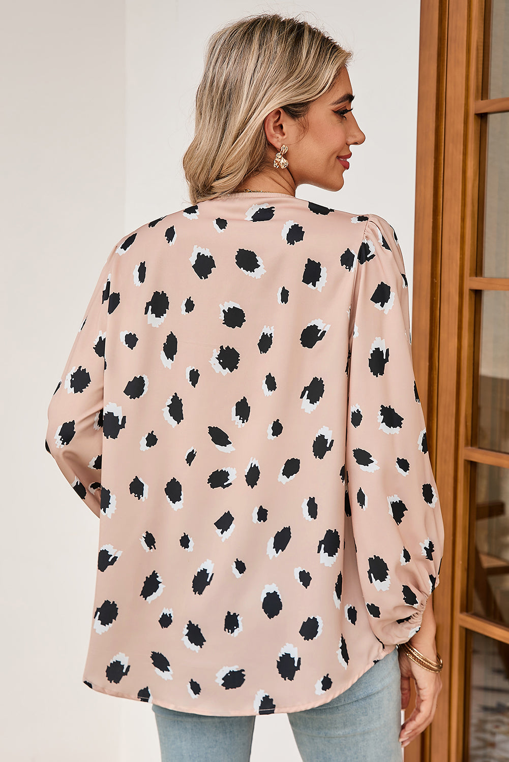 Khaki Leopard V Neck Bracelet Sleeve Blouse