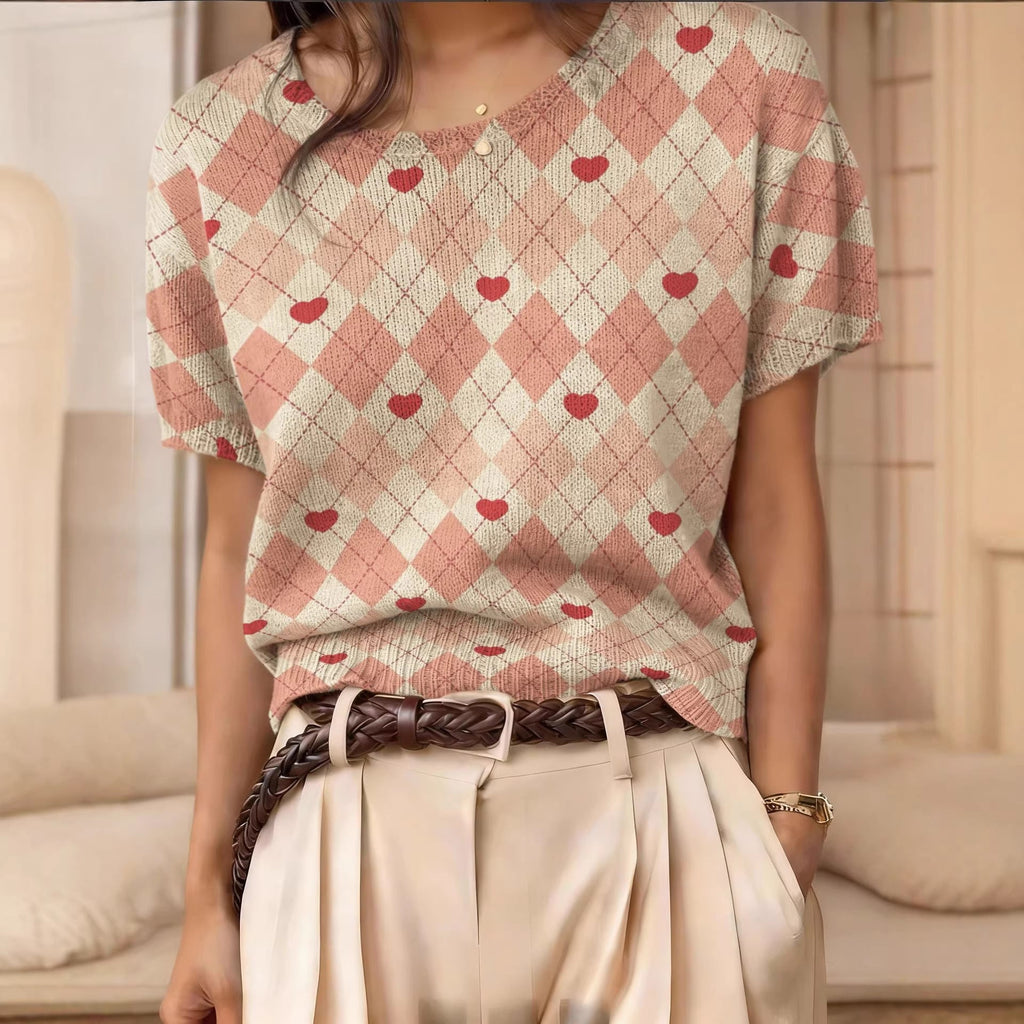Women's Argyle Short-Sleeve Knit Top Crew Neck Casual Sweater - Image 3