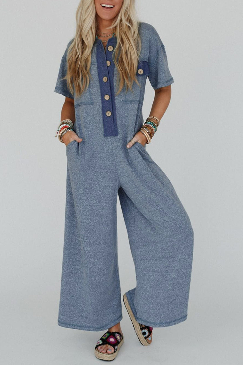 Beau Blue Patchwork Pocket Short Sleeve Jumpsuit